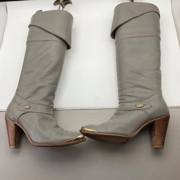 VTG Dingo 5.5 Gray Leather Knee Boots Fold-Over Slouchy Western Boho Metal Toe - Picture 10 of 13